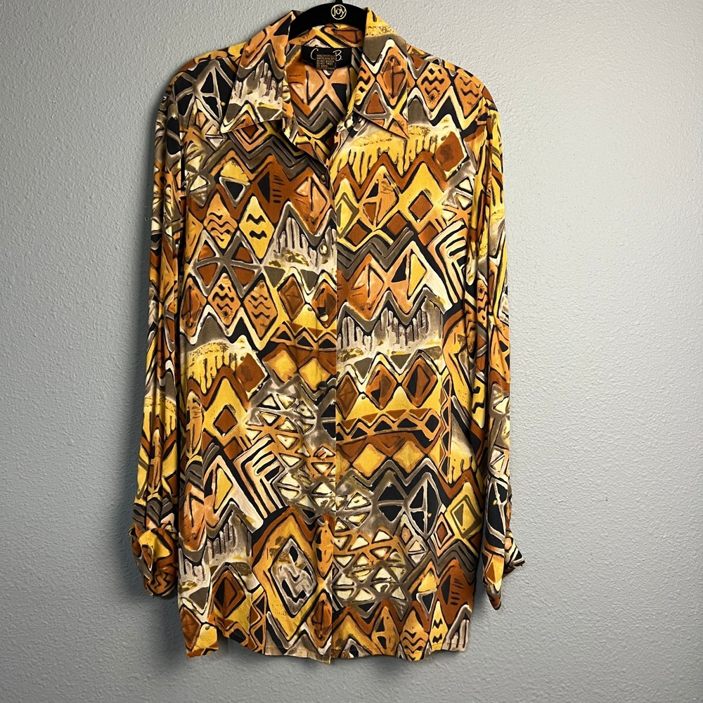 VTG Corey B. New York Silk Button Down Shirt Abstract Geometric‎ Print M Medium